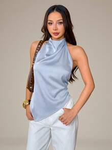 SHEIN PETITE 女款性感露背掛脖上衣，優雅適合派對、通勤與度假，夏季穿搭 - 淺藍色 - 查看 3