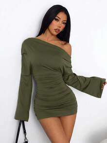 SHEIN PETITE 女款時尚性感純色不對稱領口迷你洋裝 - 軍綠色 - 查看 6