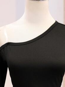 Teen Girl Solid Color Asymmetric Neck Long Sleeve Contrast Lace Pleated Dress - Black - View 7