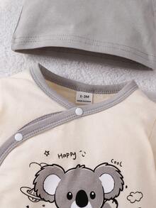 SHEIN Playful Pals 3件組新生兒嬰兒睡衣 灰色與米色中性色 可愛考拉圖案 長袖連腳睡衣 - 灰色 - 查看 3