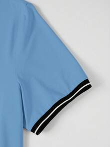 Manfinity Homme Camisa polo de manga corta con media tapeta de botones y bloques de color a rayas para hombre - Azul - Ver 3