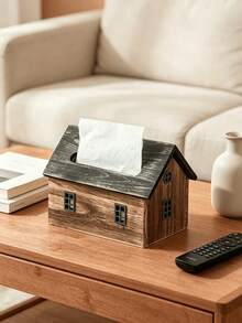 1PC Wooden Retro House Shape Tissue Box Cover Napkin Holder Organizer Vintage Decorative Storage Container For Living Room Bedroom Hotel Office Tabletop Home Decor Rustic Farmhouse Style Gift - Multicolor - View 6
