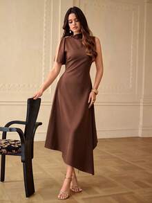 ZEYLAH Spring/Summer Asymmetric Hem Asymmetrical Shoulder Dress - Coffee - View 3