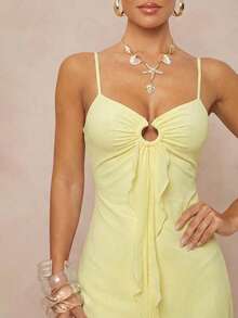 Lumalex Women's Pale Yellow Elegant Romantic Summer Maxi Dress,Spaghetti Strap Sweetheart Neck Cut-Out Ring Detail Ruffle Backless A-Line Holiday Gown - Multicolor - View 5