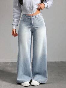 SHEIN Loose Fit Light Blue Denim Pants For Tween Girls Summer World Cup Independence Day Beach Graduation - Blue - View 6