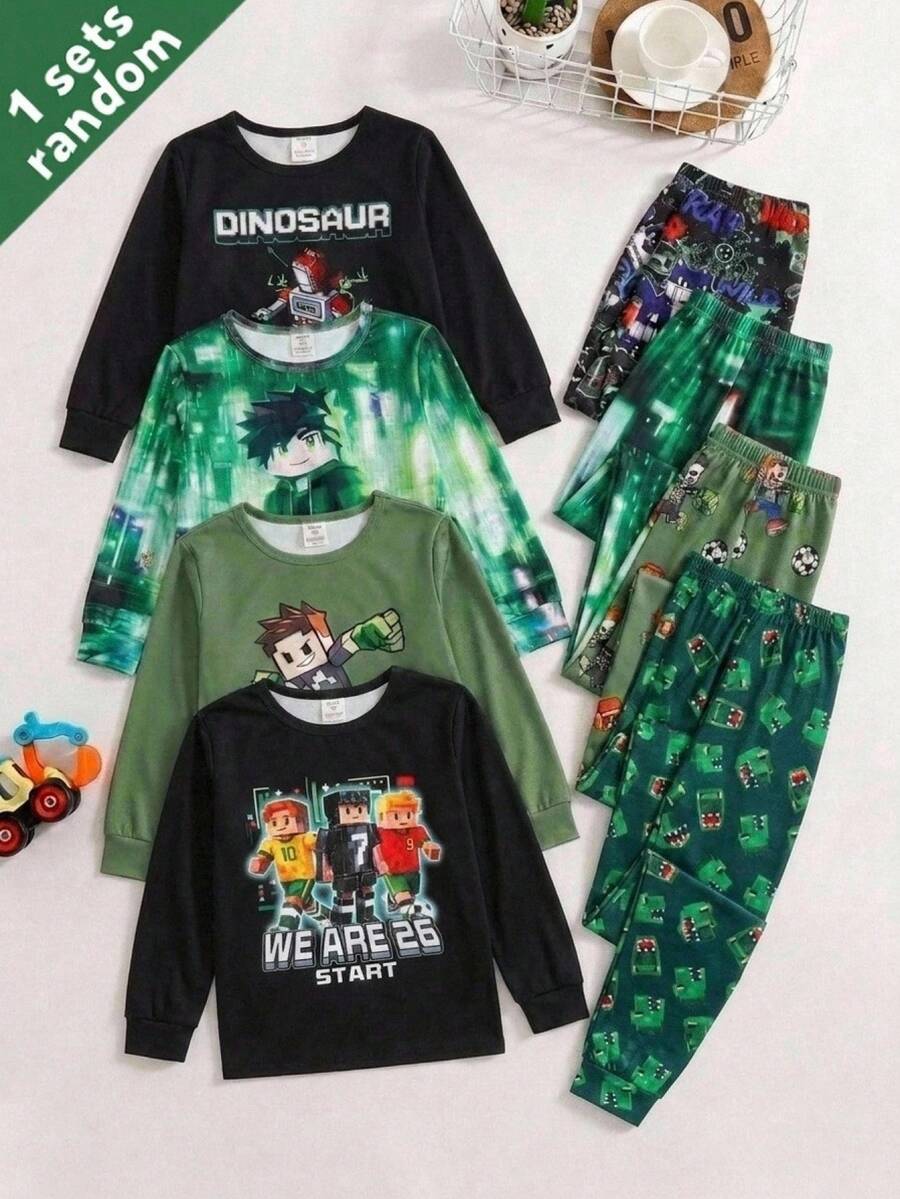 SHEIN 青少年男孩修身顯瘦拼色積木與綠色恐龍圖案圓領長袖上衣+長褲休閒舒適居家睡衣緊身兩件套 - 彩色 - 查看 1