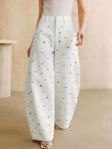 Anewsta Petite Modern Fashion White Curved Leg Trousers With Colorful Rhinestone Craftsmanship For Women - White - View 4