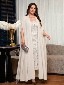 Reflora Conjunto de 2 piezas de vestido largo elegante para fiesta con estampado floral, talla grande - Albaricoque - Ver 7