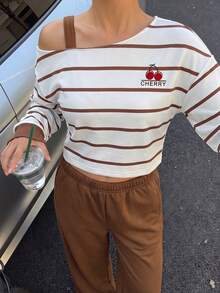 SHEIN 少女甜酷休閒風秋冬條紋衛衣套裝 開學季不對稱肩帶拼接露肩短版上衣 - 棕色 - 查看 1