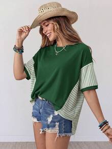 Wildy American Casual Boho Western Country Green And White Striped Patchwork Women's Spring/Summer Daily Vacation Basic Outfit Loose Top T-Shirt For Outing - Green - View 9