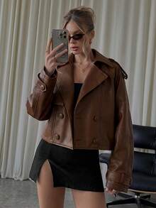 SHEIN BAE 時尚休閒復古通勤外出雙排扣夾克棕色調秋季款 - 棕色 - 查看 7