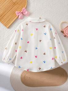 SHEIN Young Girl LMoss 女童寬鬆版型白色布洛克印花翻領休閒襯衫 - 白色 - 查看 3