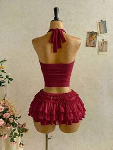 Soleia Damen Frühling/Sommer romantisches Urlaubs Chiffon plissiert rückenfrei Neckholder Top - Bordeaux - Übersicht 2