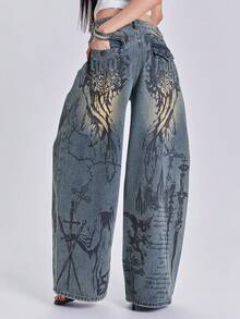 ACID BLVD Celana Jeans Denim Longgar Potongan Lurus Gaya Vintage Washed, Motif Sayap Malaikat Bunda Maria Streetwear Punk Y2K Sepanjang Musim, Motif Bunga dan Slogan, Dicetak di Seluruh Permukaan - Biru - View 1