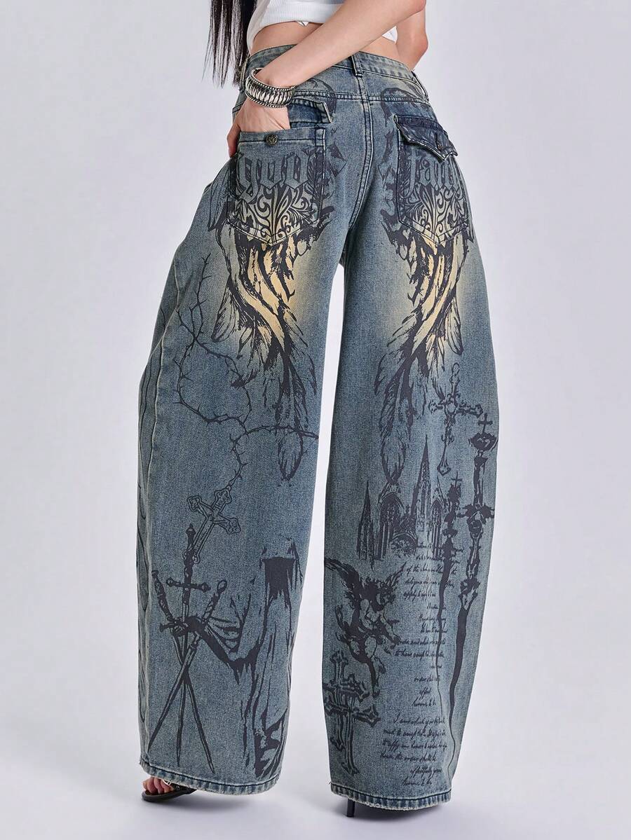 ACID BLVD Celana Jeans Denim Longgar Potongan Lurus Gaya Vintage Washed, Motif Sayap Malaikat Bunda Maria Streetwear Punk Y2K Sepanjang Musim, Motif Bunga dan Slogan, Dicetak di Seluruh Permukaan - Biru - View 1