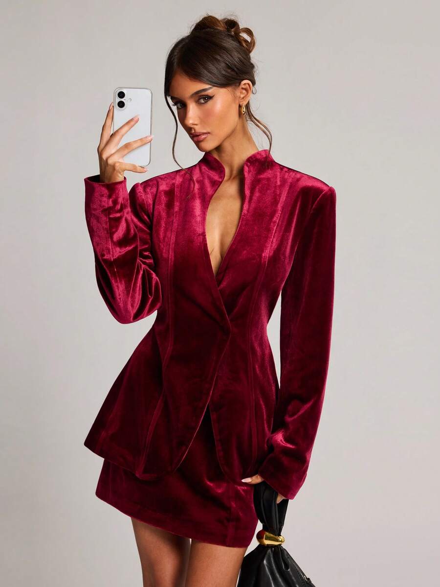 SHEIN BAE Women's Solid Color Long Sleeve Jacket And Mini Skirt Fashion Set - Burgundy - View 1
