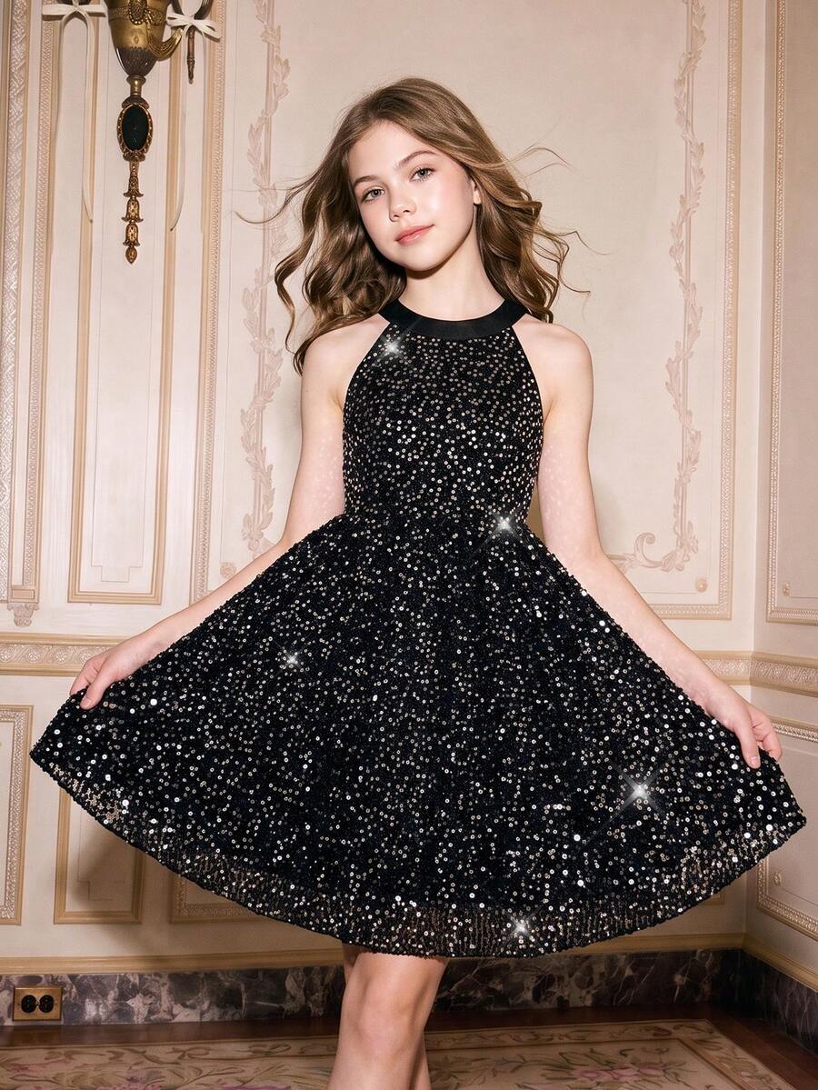 四季通用 畢業季 婚禮花童 優雅舞會禮服 黑色亮片細肩帶背心上衣 少女晚宴派對 返校季 - 黑色 - 查看 1