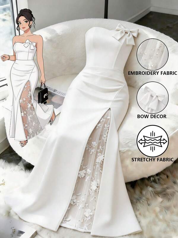 GlowEve CURVE Women's Bowknot Decor Floral Mesh Patchwork Elegant Mermaid Strapless Dress