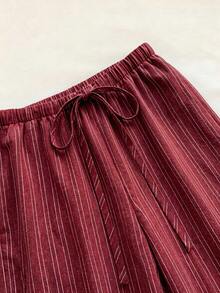 SHEIN EZwear 女款休閒腰部綁帶直筒長褲，適合夏季 - 紅色 - 查看 3