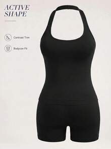SHEIN Unity Women's Seamless Plus Size Solid Color Tank Top And Shorts Sports Set - Black - View 7