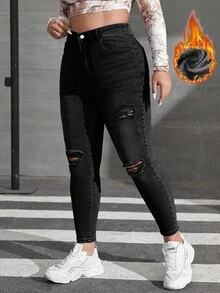 SHEIN EZwear 大尺碼女款高腰口袋磨損修身休閒牛仔褲 - 黑色 - 查看 4