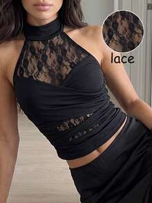 Privoire Women's Lace Patchwork Pleated Sexy Versatile Halter Neck Top For Date Night Out And Outing Halloween Black Summer - Black - View 3