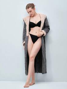Softvol Lazeform 女士撞色连帽长袖抓绒腰带睡袍，秋冬舒适保暖，蓬松柔软 - 霧霾藍 - 查看 7