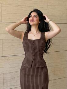 Modelyn Women's Striped Square Neck Single-Breasted Vest And Side Slit Skirt Elegant 2 Pieces Set - Coffee Brown - View 2