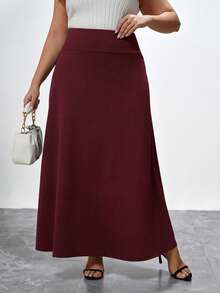 Chikora Plus Solid A-Line Long Black Skirt - Burgundy - View 1