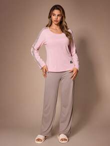 Lazeform Women's Casual Ribbed Colorblock Patchwork Raglan Sleeve Patch Decor Long Sleeve Long Pants Loungewear Set - Multicolor - View 3