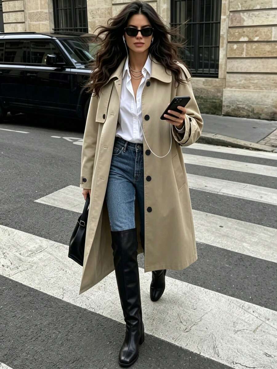 SHEIN PariChic Khaki Mid-Length Trench Coat For Women, Autumn Loose Fit Raglan Sleeve Peter Collar Minimalist Commute Single-Breasted Overcoat/Daily/Casual Solid Color Trench Jacket - Khaki - View 1