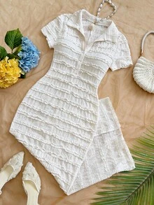 Soleia New Casual Vacation Lapel Short Sleeve Colorblock Striped Dress - Beige - View 6