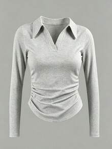 INAWLY Women's Solid Color Collared Long Sleeve Pleated Casual T-Shirt - Black - View 5