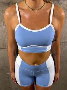 hollyjadebate Black And White Contrasting Patchwork Strips Hollow High Waist Women Sports Sets - Baby Blue - View 5