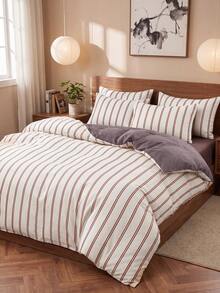 2/3 Piece Coffee Pinstriped Quilt Cover Kit, Bedding, Bedding Set, Warm Room Decoration, Skin-Friendly And Breathable, Super Soft And Anti-Pilling, No Quilt Core, Suitable For Single Bed, Full Size Bed, King Bed, Extra Large Bed, Home Textiles - Multicolor - View 1