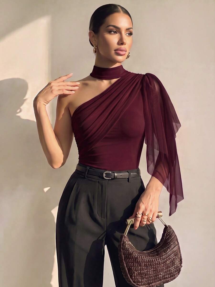 Structelle Women's Spring/Summer Sleeveless Hollow Out Solid Color Chiffon Burgundy Minimalist Sexy Elegant Tank Top, Suitable For Commute, Party Dinner Date - Burgundy - View 1