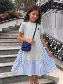 SHEIN 少女騎士印花條紋拼接假兩件式短袖洋裝 - 淺灰色 - 查看 8