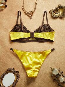 PinupPomp Women's Sexy Lace Patchwork Bra And Panty Lingerie Set - Yellow - View 2