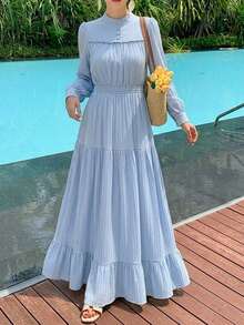 DAZY Women's Solid Color Pleated Casual Party Travel Midi Dress Fall - Blue - View 6