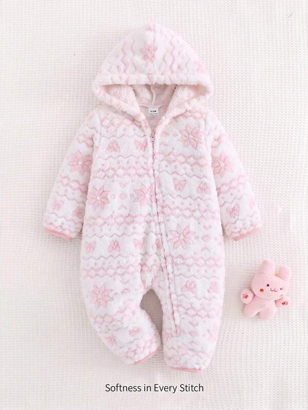 Cozy Pixies Baby Girls Flannel Snowflake Bow Print Hooded Romper Festival Warm Winter Comfy Fluffy Christmas Pink Pattern