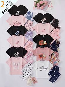 Tween Girl Navy Blue Flamingo Print Long Pants And Short Sleeve T-Shirt Casual Pajama Set 2pcs - Multicolor - View 3