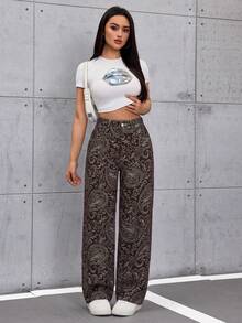 INAWLY 女款復古街頭風無彈直筒寬腿牛仔褲 日常約會深棕色夏季 - 棕色 - 查看 5