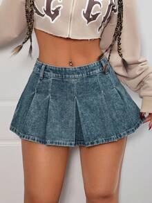 SHEIN PETITE 女款百褶休閒 90 年代風 Y2K 百搭日常牛仔迷你裙 夏季外出穿搭 牛仔藍 - 深色水洗藍 - 查看 8