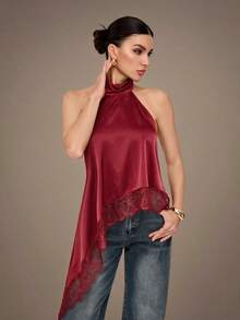 SHEIN Tall Elegant Lace Trim Backless Camisole Top, Sexy Satin Patchwork Sleeveless Blouse For Party, Cocktail, Formal Occasions, Christmas, Business Casual - Burgundy - View 2