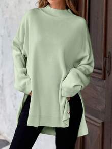 EURMUSE Plus Size Solid Color Stand Collar Long Sleeve Button-Up Casual Pullover Sweater - Mint Green - View 3