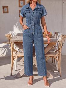 EMERY ROSE Jumpsuit Denim Kasual Wanita dengan Saku untuk Pemakaian Sehari-hari - Biru - View 8