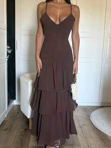 Ronhire Elegant Banquet/Date Layered Hem Spaghetti Strap Dress,Summer Dresses For Women - Brown - View 3