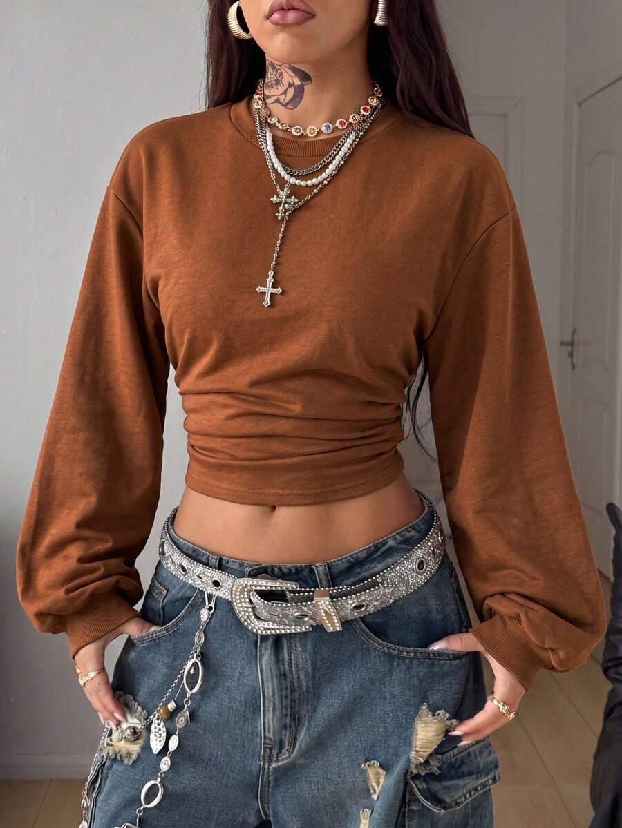 Coolane Sweatshirt Wanita Kasual Warna Polos dengan Desain Mengencangkan Pinggang, Musim Gugur - Coklat - View 1