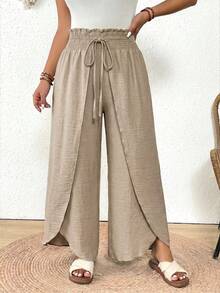 SHEIN Frenchy Plus Size Solid Color Paper Bag Waist Casual Bohemian Boho Drawstring Wrap Loose Pants Beach Vacation Vacation Vacation Gym Beige Autumn Fall - Apricot - View 4