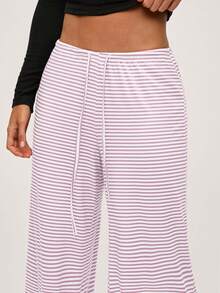 SHEIN BASICS Casual Y2k Knitted Pink And White Striped Low Waist Baggy Wide Leg Floor Length Pants For Women Autumn Clothes Lounge - Pink - View 3